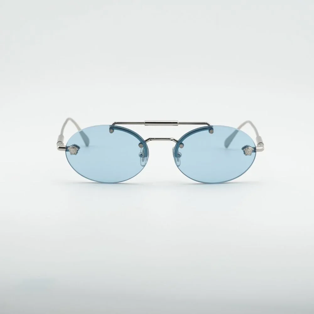 Versace VE2295 1000/1 Sunglasses Silver Oval Frame, Light Blue Lenses